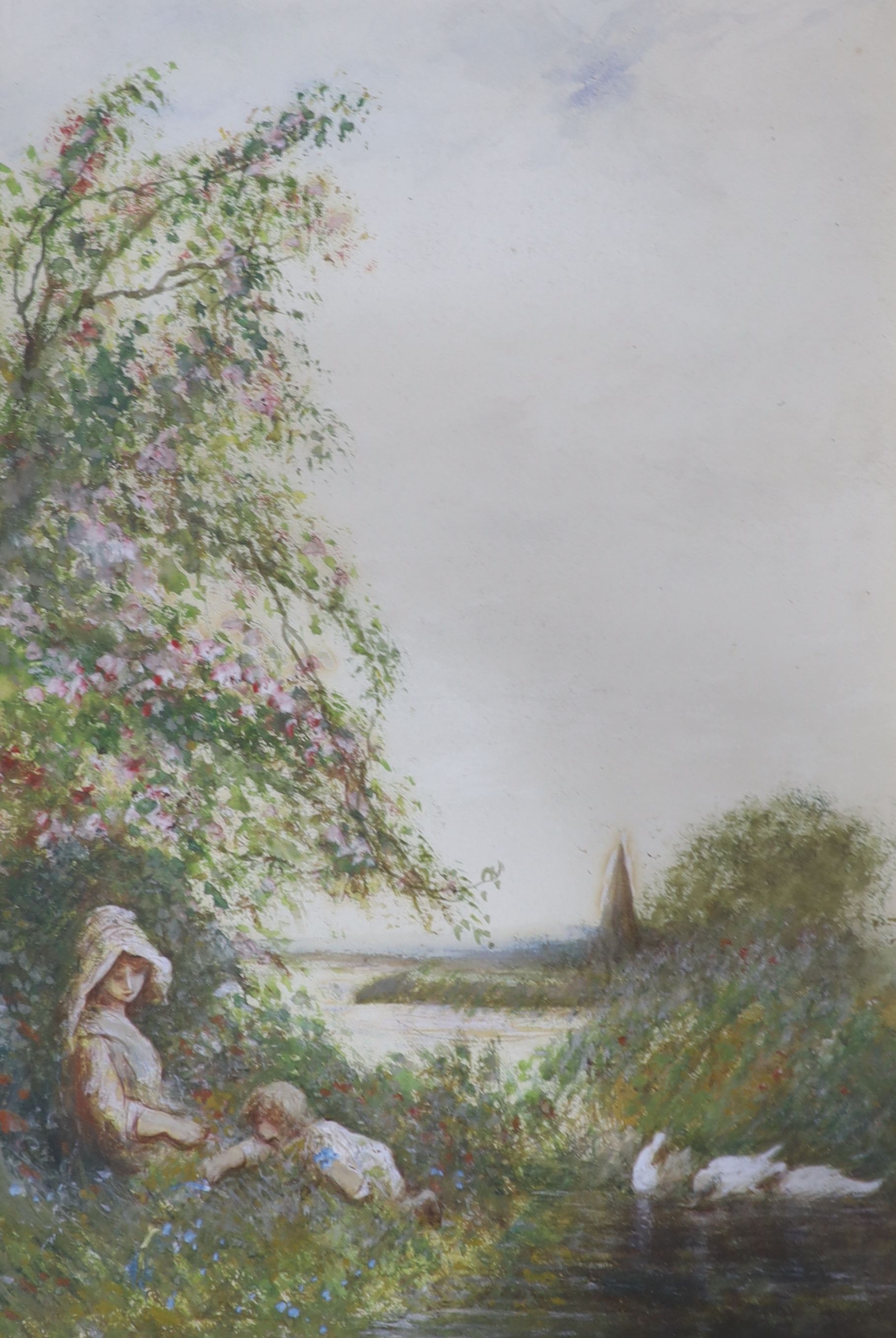 Frederick Hines (alias William Langley), pair of watercolours, Mother and child beneath roses and Maid in a landscape, 38 x 27cm